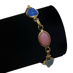 Vintage Gold Tone Bracelet with Colorful Carved Stone Accents